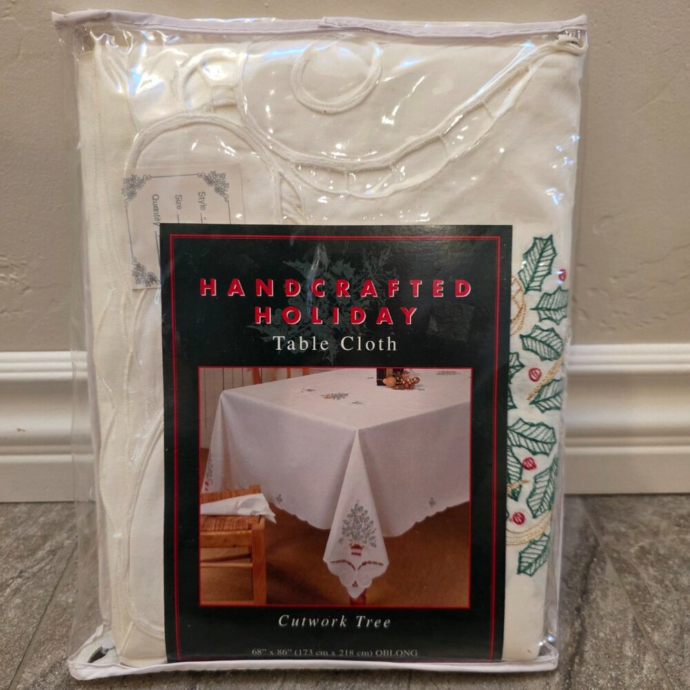 rectangle Vintage Christmas Holly & Ribbons Table Cloth Subtle On White 1997
